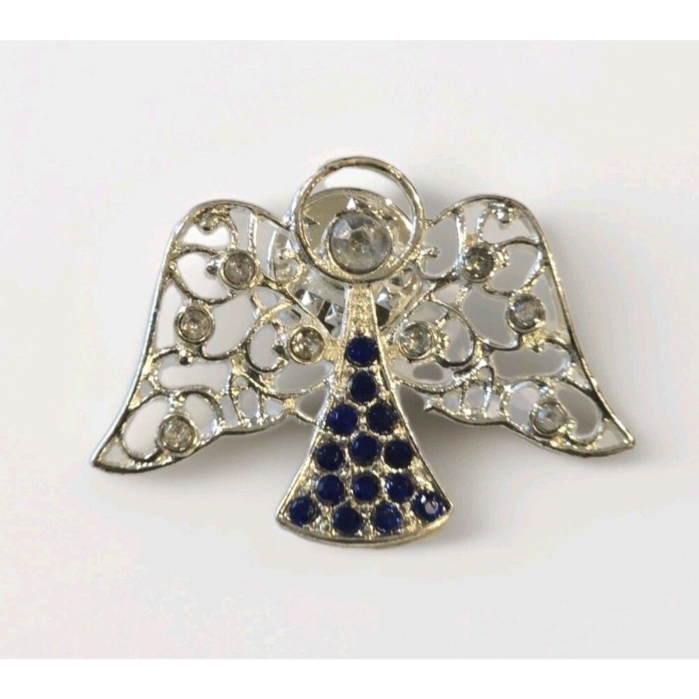 Vintage Blue Rhinestone Angel Brooch Silver Tone Filigree Wings Pin #1183